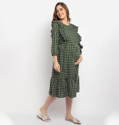 Olive Green Checked Crepe Maternity Midi Dress